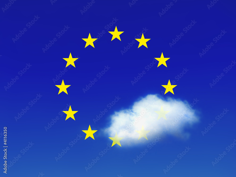 European flag with several stars hidden by clouds