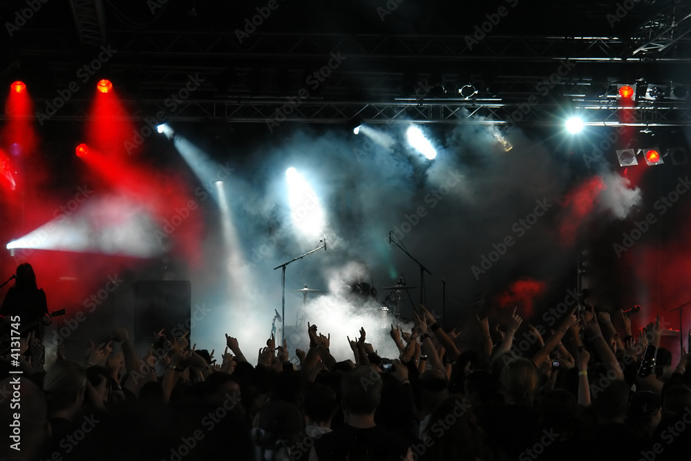 Cheering crowd at concert, musicians on the stage