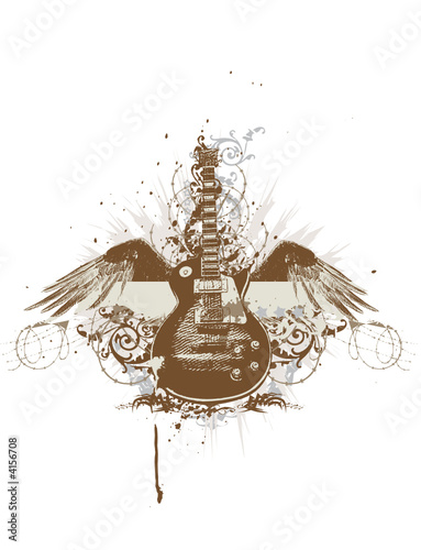 Flying  guitar with wings and grunge background