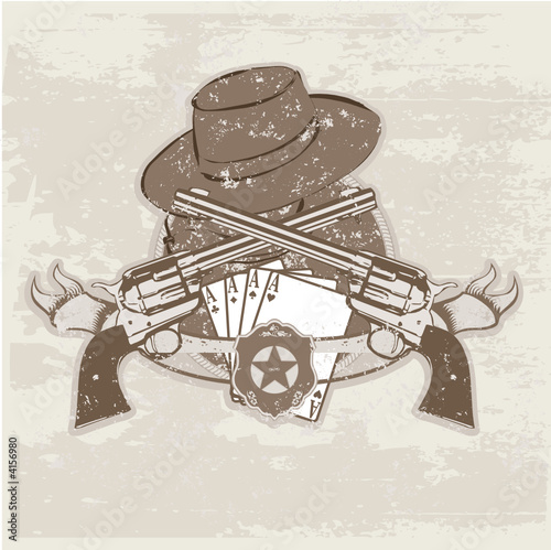 Vector insignia and banner with two guns and hat