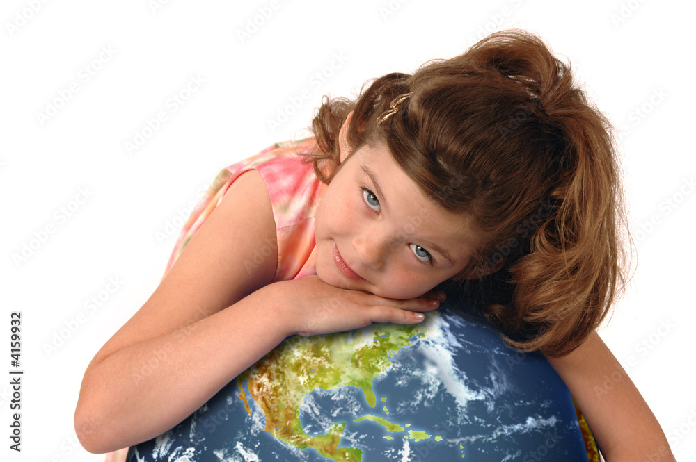 Fototapeta premium Little girl hugging planet earth