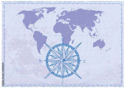 Vintage word map grunge background with retro compass. 