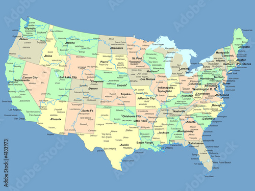 Fototapeta USA map with names of states and cities
