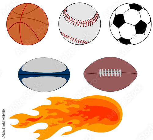 Rugby, basketball, soccer, basebal, football  and flames