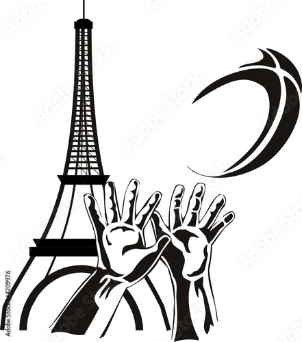 Rugby palyer catching ball with eiffel tower