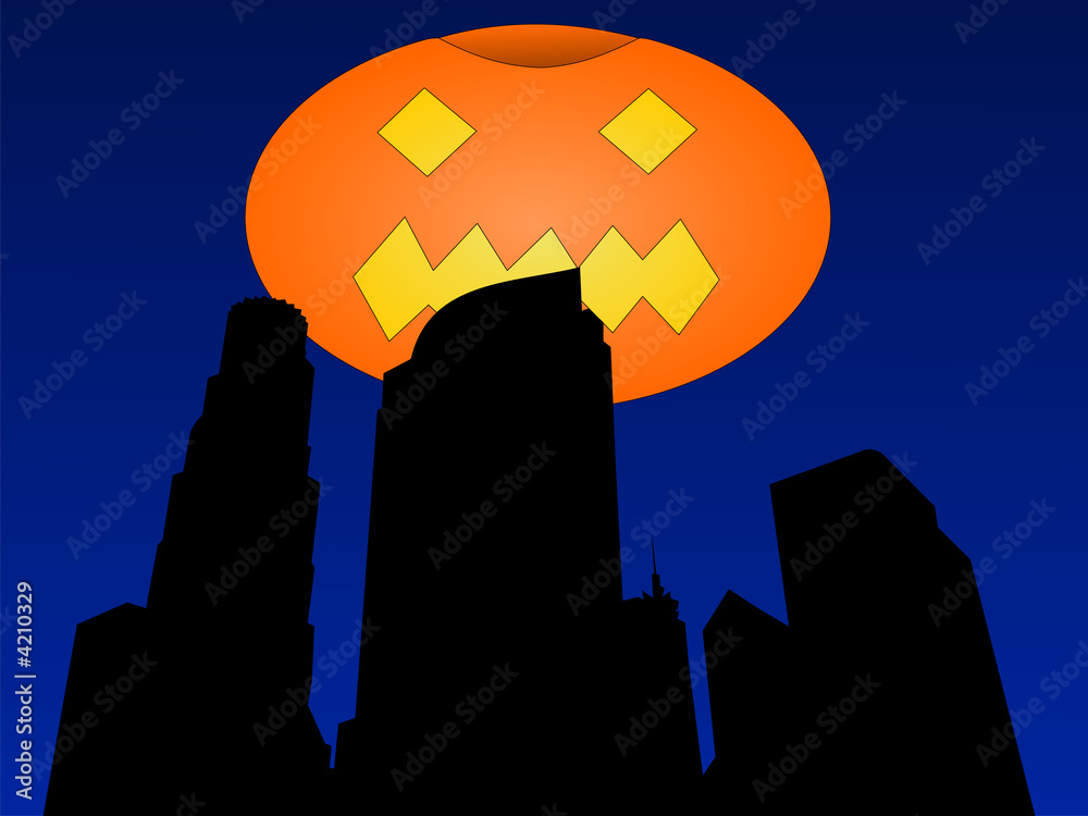 Los Angeles at halloween with giant pumpkin lantern