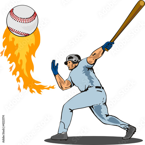Baseball player striking a homer on white bg