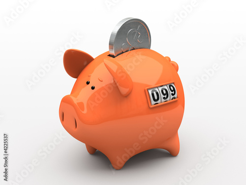 Fotografie Orange piggy bank - counter on white background