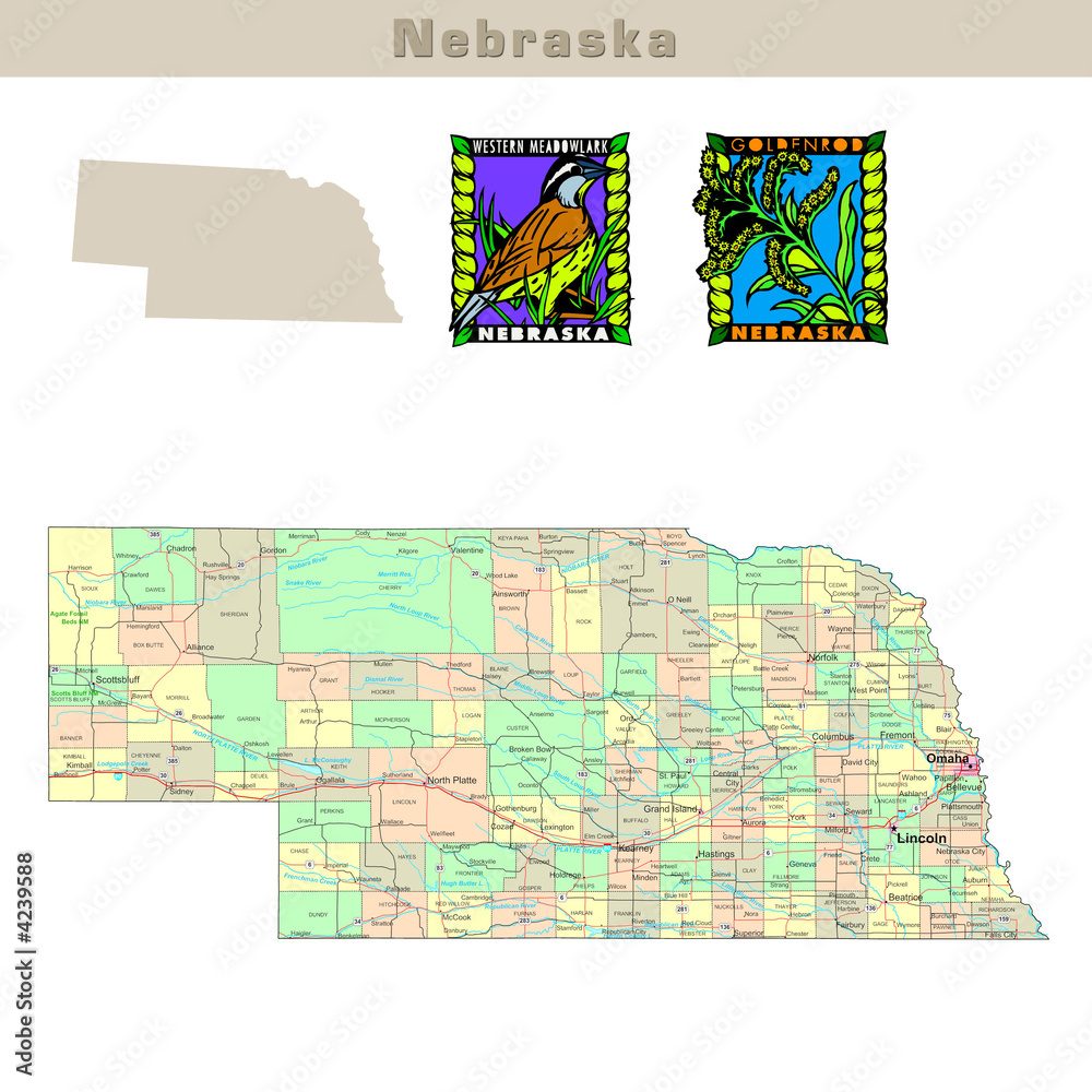 USA states series: Nebraska. Political map with counties Stock ...
