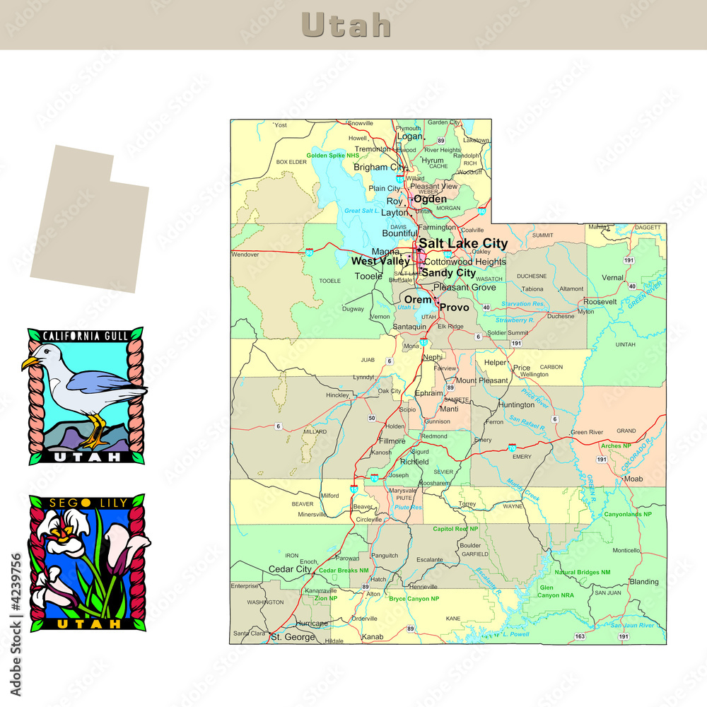 USA states series: Utah. Political map with counties