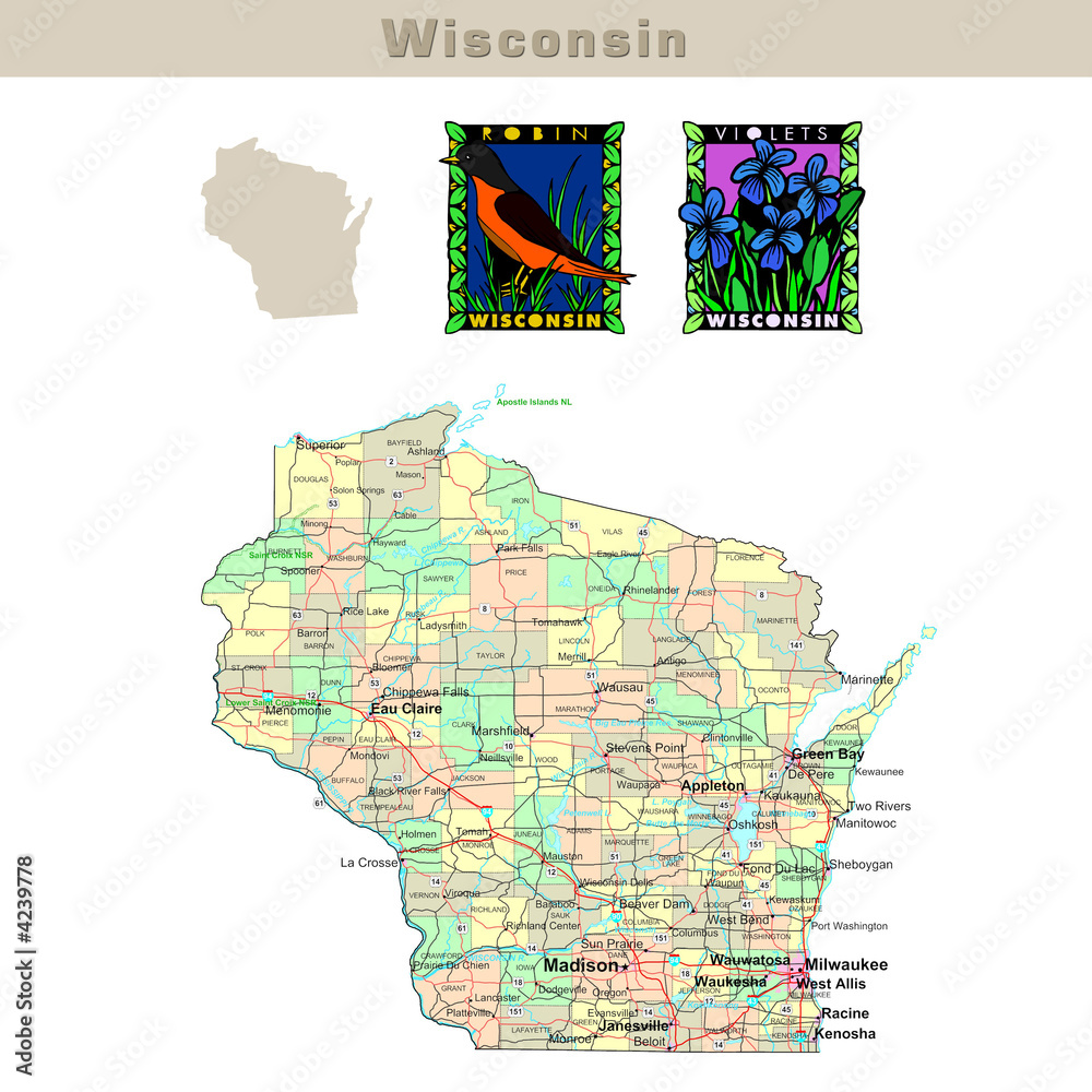 USA states series Wisconsin. Political map with counties Stock