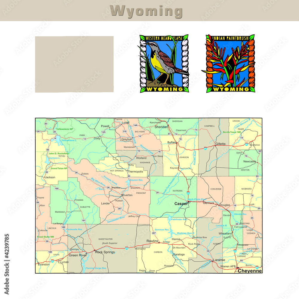USA states series: Wyoming. Political map with counties