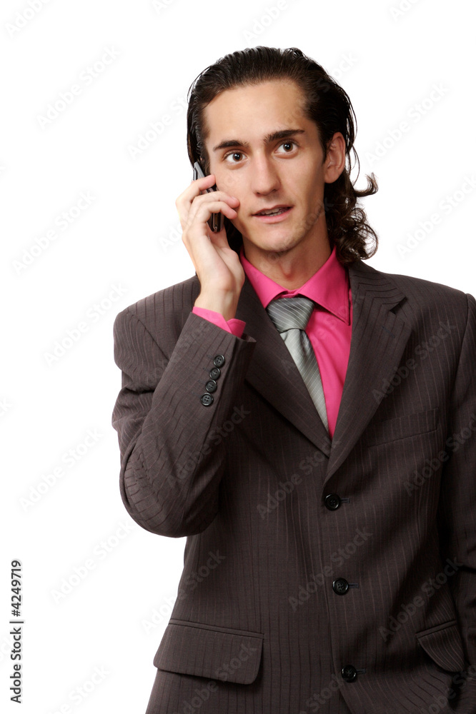 emotional businessman talking by mobile phone. on white emotional businessman talking by mobile phone. on white