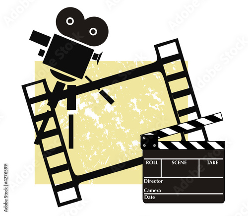 Clapboard with a camera and filmstrip