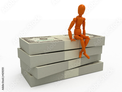 Orange mannequin with stack of money