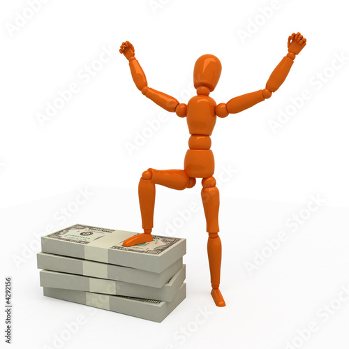Orange mannequin with stack of money