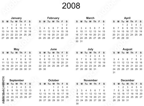 2008 Year calendar, simple, against white background