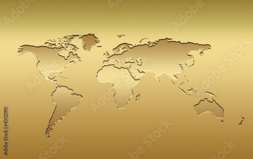 a 3d world map in metallic golden tones