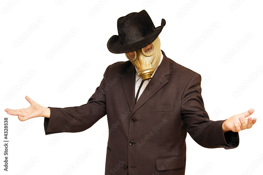 Businessman in gas mask & cowboy hat. Isolated on white. Businessman in gas mask & cowboy hat. Isolated on white.