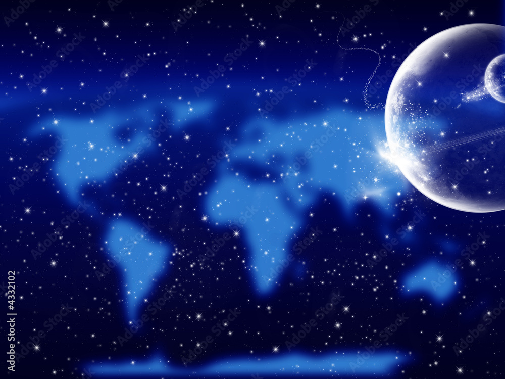 Starry cosmic background with planets and blurred world map