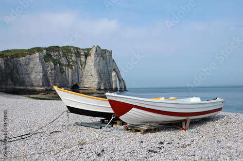 Fishing boats on the beach at Etretat, France
