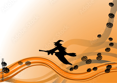 Sorcière et citrouilles sur vague orange