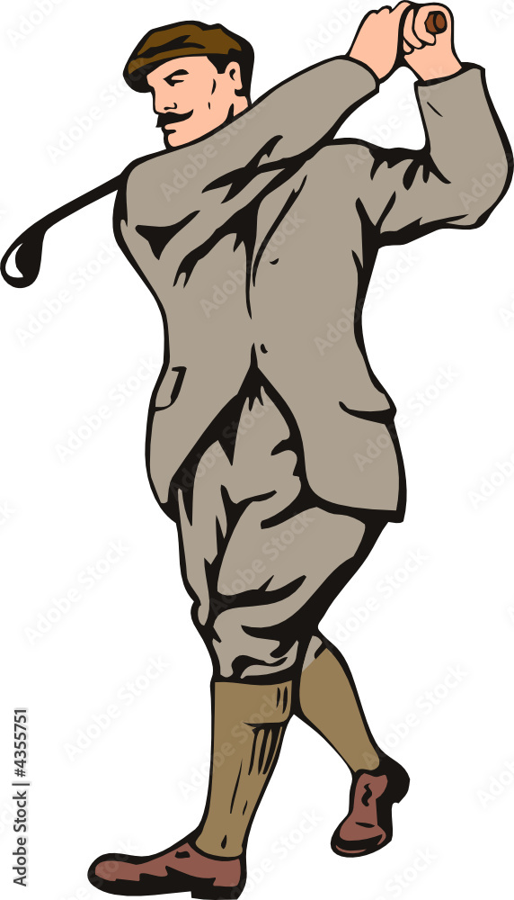 1930s golfer taking a swing on white background 1930s golfer taking a swing on white background