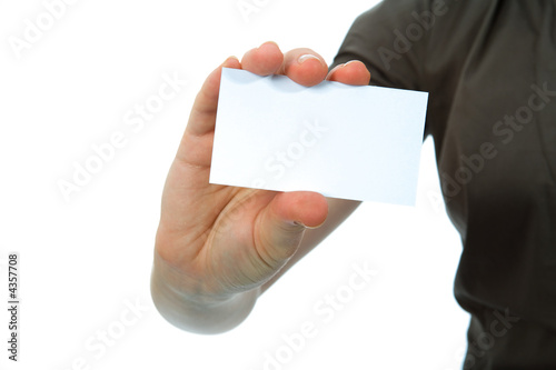Hand keeps business card on white background