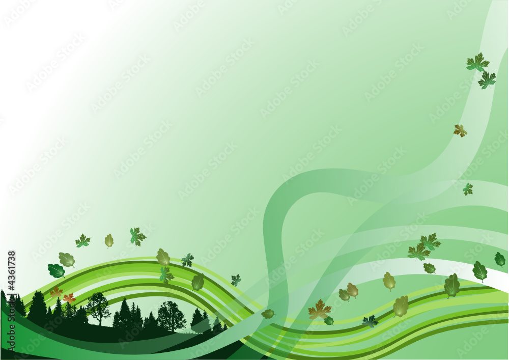Forêt et feuilles volantes sur vague verte