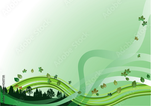 Forêt et feuilles volantes sur vague verte