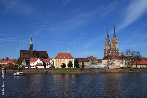 A cityscape cathedral, river Odra. Wroclaw