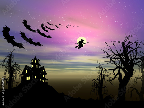 Halloween theme: Witch and bats are flying over the old house