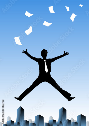 Business man jumping with sheets