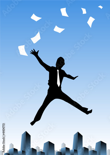 Business man jumping with sheets