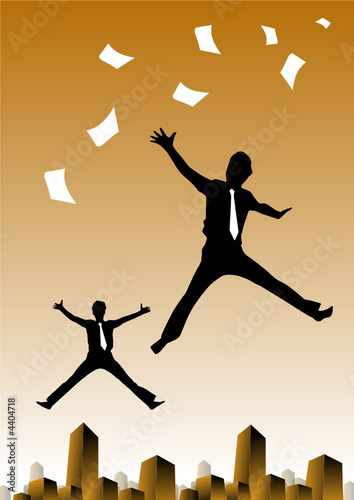 Business men jumping with sheets