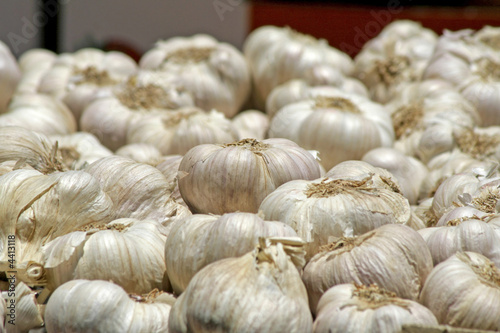 garlic on display in a market