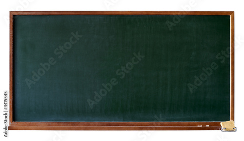Blank green blackboard with wooden frame, chalktray and eraser