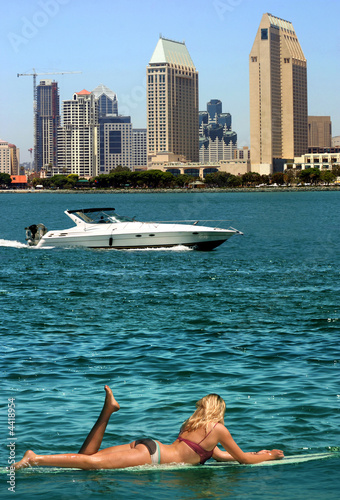 Modern buildings boat and surfing in San Diego