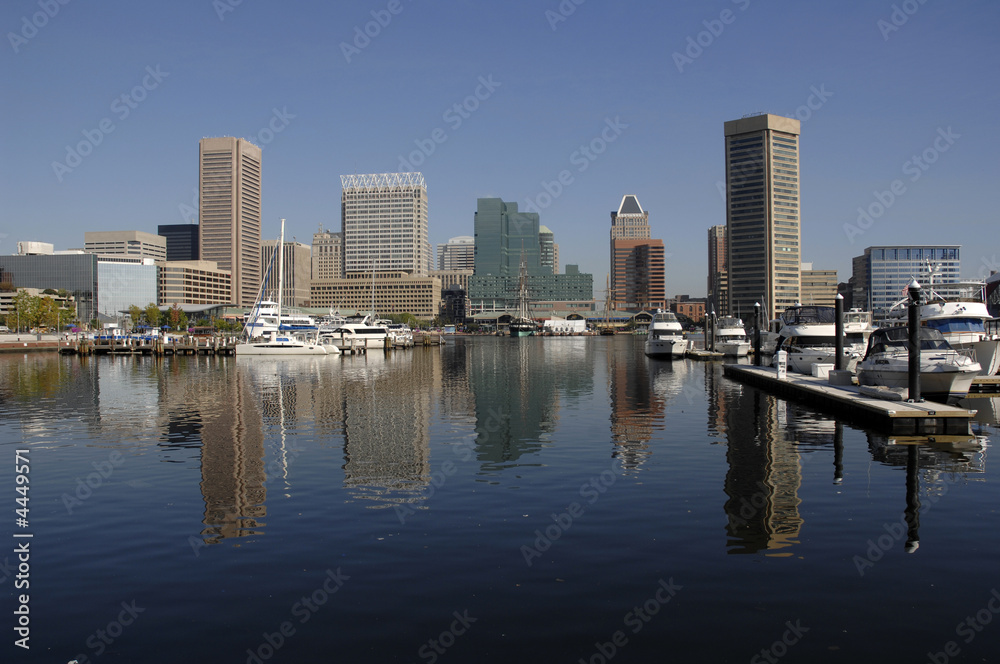 Baltimore skyline reflected in the Inner Harbor