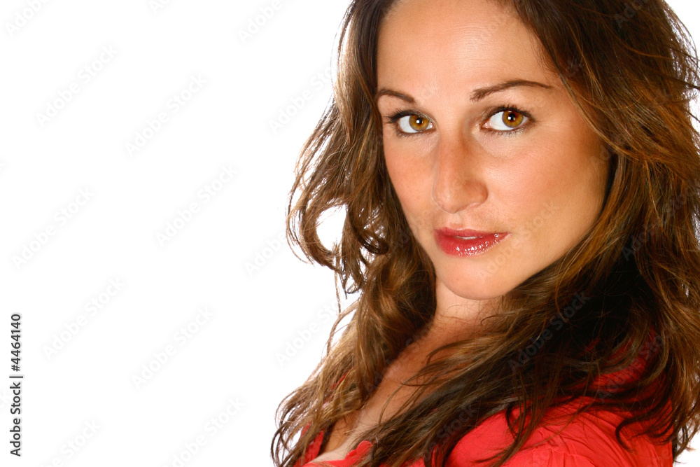 brunette with long brown hair and casual red top, brunette with long brown hair and casual red top,