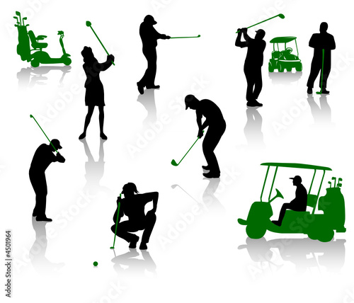 Silhouettes of people playing a golf
