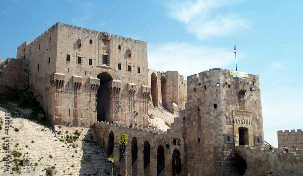 Citadel in Aleppo - closeup of entrance and bridge over moat Citadel in Aleppo - closeup of entrance and bridge over moat