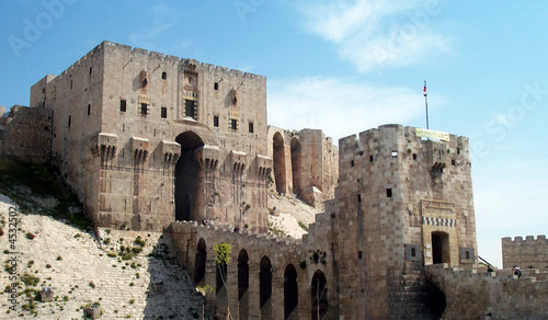 Citadel in Aleppo - closeup of entrance and bridge over moat