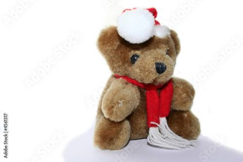 teddy bear in christmas red cap and red scarf