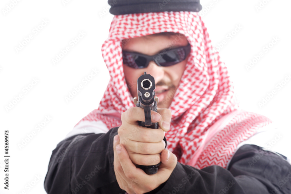 Man holding gun against white background Man holding gun against white background