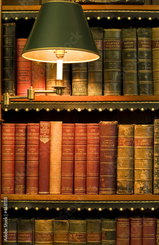 Lots of old books on a bookshelf with lamp in library.