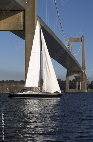 Sailboat under suspension bridge © mema