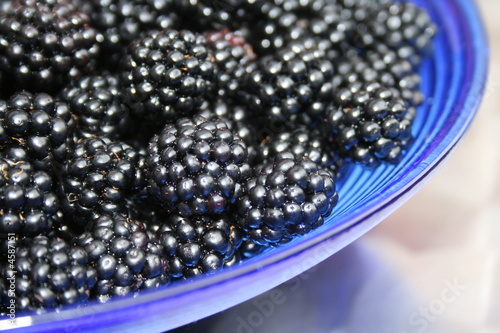 Blackberries in a blue glass dish