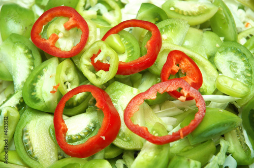 Close up of salad with fresh herbs and bell peppers