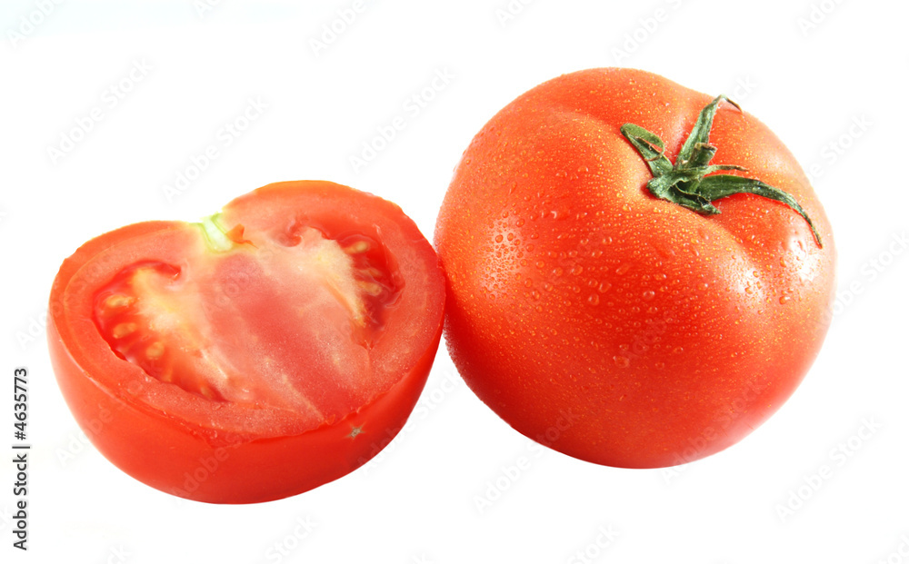 Tomatoes sprinkled with water on white background Tomatoes sprinkled with water on white background